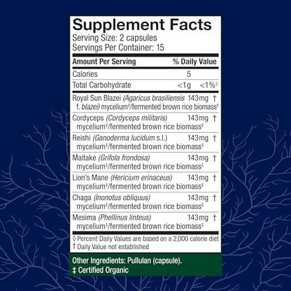 Host Defense Stamets 7 – 7 Pilzsorten Mischung – Immununterstützung mit Royal Sun Blazei, Cordyceps, Reishi, Maitake, Löwenmähne, Chaga & Mesima – 30 Kapseln (15 Portionen)