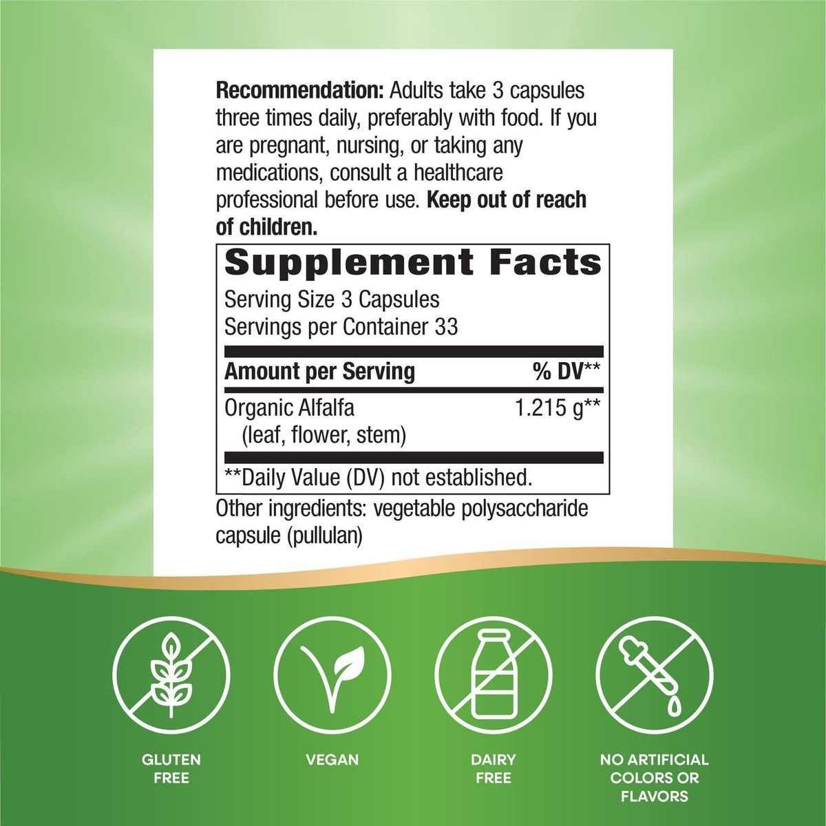 Nature's Way Premium Formula Bio-Alfalfa Jungpflanze, 1.215 mg pro Portion, 100 Kapseln