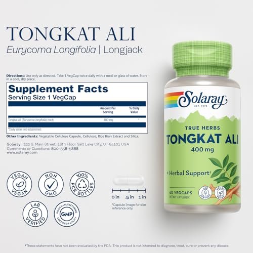 SOLARAY Tongkat Ali 400 mg – Longjack für Männer – Pflanzliche Unterstützung für Männergesundheit und Vitalität – Vegan, Nicht-GVO, Laborgeprüft – 60 Portionen, 60 VegCaps