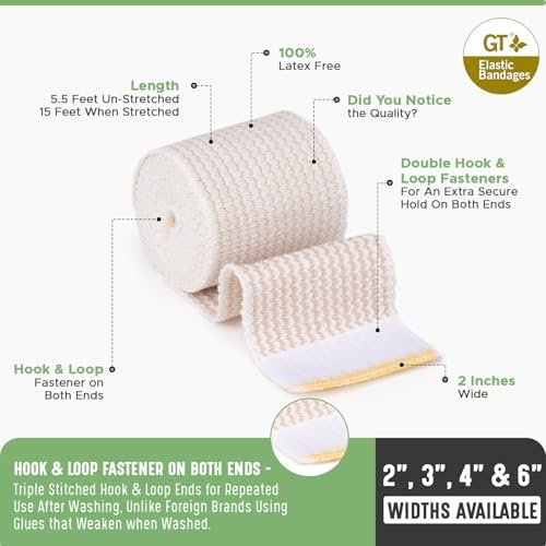 Premium elastische Bandage Wickel (2" 2er-Pack) – Haken- und Schlaufenverschlüsse an beiden Enden – Latexfrei, hypoallergen, Kompressionsrolle – Wiederverwendbare Bandagen für Taille, Beine, Ellenbogen & Knie