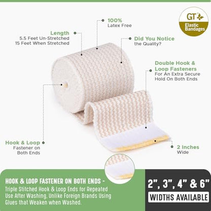 Premium elastische Bandage Wickel (2" 2er-Pack) – Haken- und Schlaufenverschlüsse an beiden Enden – Latexfrei, hypoallergen, Kompressionsrolle – Wiederverwendbare Bandagen für Taille, Beine, Ellenbogen & Knie