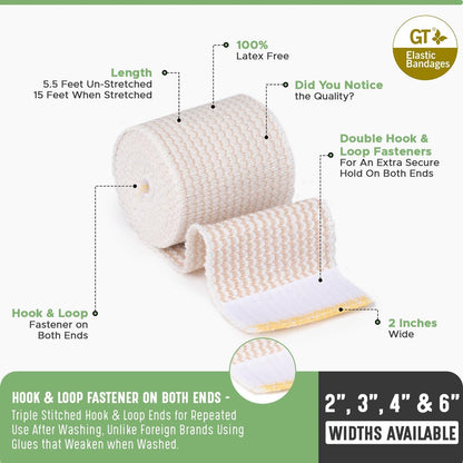 Premium elastische Bandage Wickel (2" 2er-Pack) – Haken- und Schlaufenverschlüsse an beiden Enden – Latexfrei, hypoallergen, Kompressionsrolle – Wiederverwendbare Bandagen für Taille, Beine, Ellenbogen & Knie