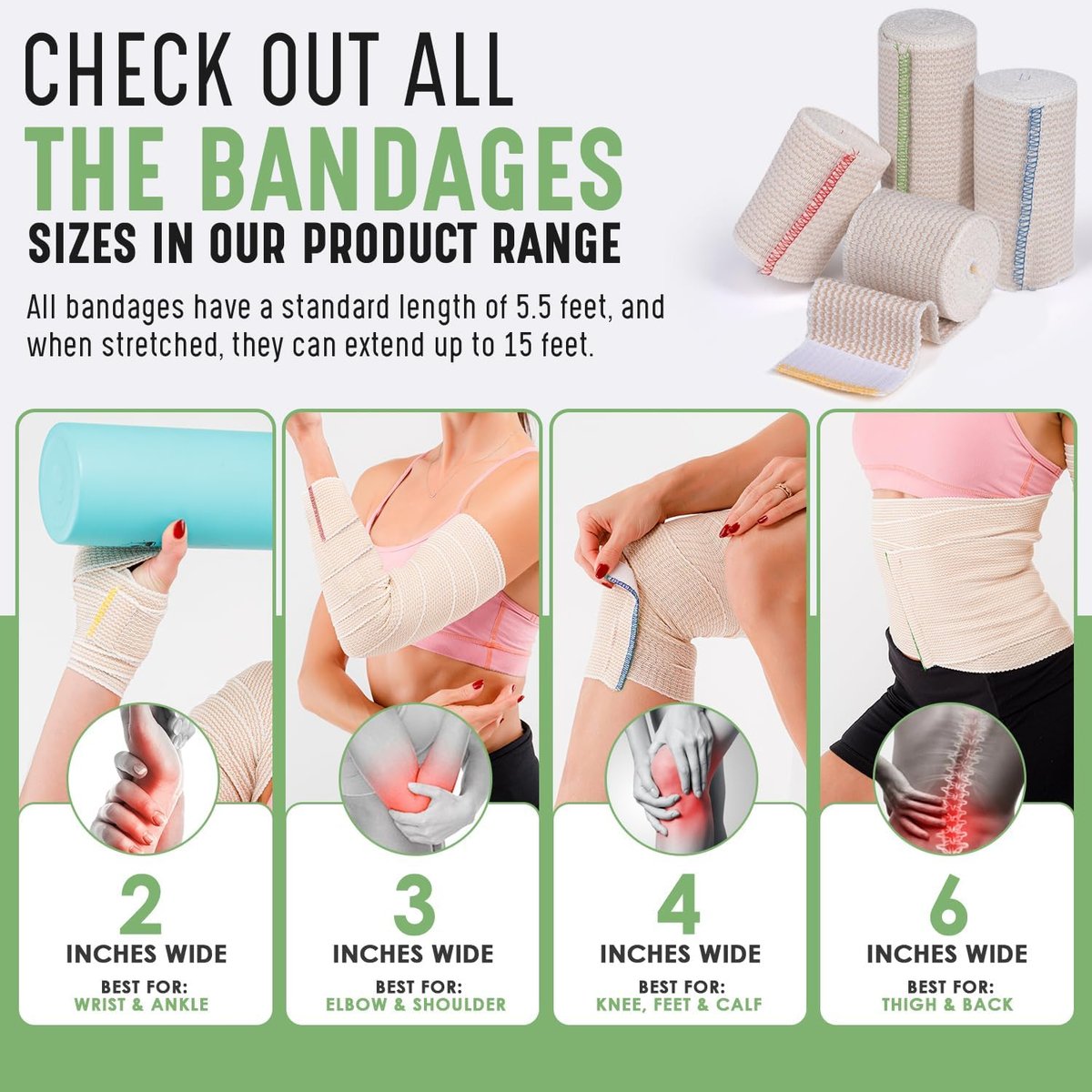 GT Premium Elastische Binde (6 Zoll, 2er-Pack) – Haken- und Schlaufenverschlüsse an beiden Enden – Latexfrei, hypoallergene Kompressionsbinde – Wiederverwendbare Bandagen für Taille, Beine, Ellbogen und Knie