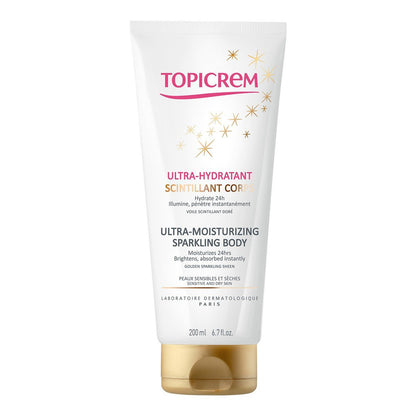 Topicrem Soins Glamours Glitzernde Körpermilch 200 ml – Feuchtigkeitsspendende Bodylotion mit Glitzer