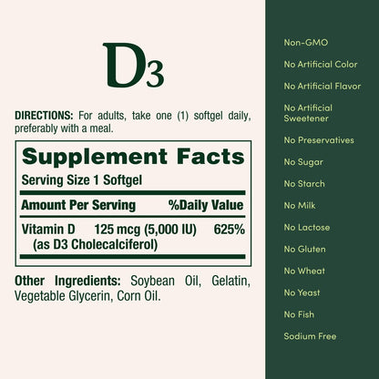 Nature's Bounty Vitamin D3 5000 IE Weichkapseln zur schnellen Freisetzung – Unterstützt das Immunsystem, 240 Stück