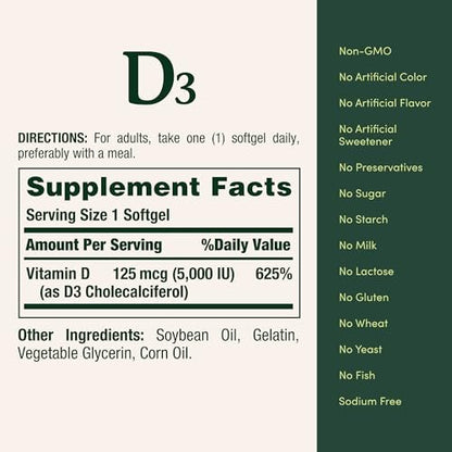 Nature's Bounty Vitamin D3 5000 IE Weichkapseln zur schnellen Freisetzung – Unterstützt das Immunsystem, 240 Stück