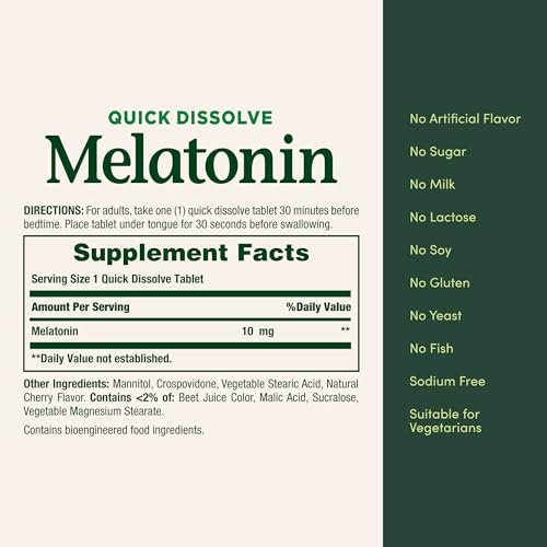 Nature's Bounty Melatonin 10 mg, 45 Tabletten zum schnellen Zerschmelzen – 100 % arzneimittelfreies Schlafmittel, Nahrungsergänzungsmittel zur Förderung von Entspannung und Schlafgesundheit