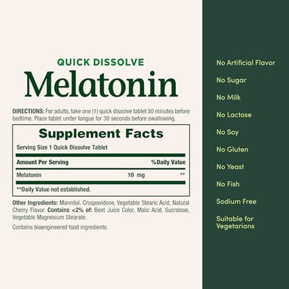 Nature's Bounty Melatonin 10 mg, 45 Tabletten zum schnellen Zerschmelzen – 100 % arzneimittelfreies Schlafmittel, Nahrungsergänzungsmittel zur Förderung von Entspannung und Schlafgesundheit