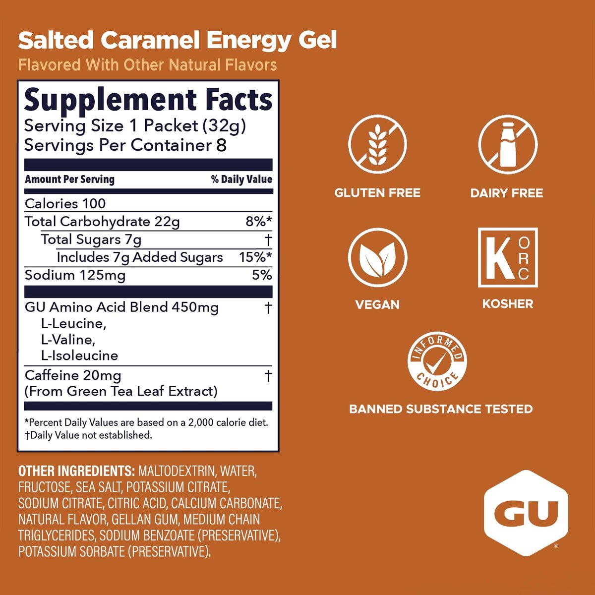GU Energy Original Sports Nutrition Energy Gel, Vegan und laktosefrei, Energie für unterwegs für jedes Training, Salz-Karamell, 8er-Pack