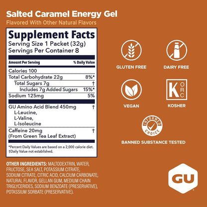 GU Energy Original Sports Nutrition Energy Gel, Vegan und laktosefrei, Energie für unterwegs für jedes Training, Salz-Karamell, 8er-Pack