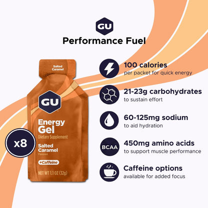 GU Energy Original Sports Nutrition Energy Gel, Vegan und laktosefrei, Energie für unterwegs für jedes Training, Salz-Karamell, 8er-Pack