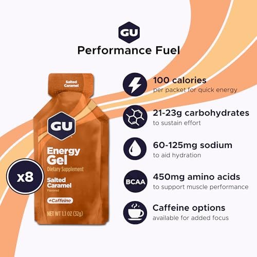 GU Energy Original Sports Nutrition Energy Gel, Vegan und laktosefrei, Energie für unterwegs für jedes Training, Salz-Karamell, 8er-Pack