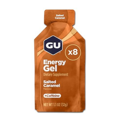 GU Energy Original Sports Nutrition Energy Gel, Vegan und laktosefrei, Energie für unterwegs für jedes Training, Salz-Karamell, 8er-Pack