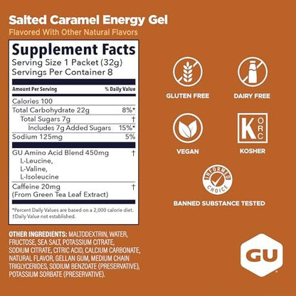 GU Energy Original Sports Nutrition Energy Gel, Vegan und laktosefrei, Energie für unterwegs für jedes Training, Salz-Karamell, 8er-Pack