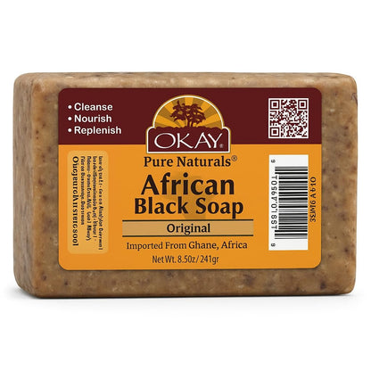 OKAY Pure Naturals Afrikanische Schwarze Seife – Natürliche Seife mit Rohsheabutter und Kakao, reinigend für Haare, Gesicht & Haut für Damen & Herren – 241 g (1er-Pack)
