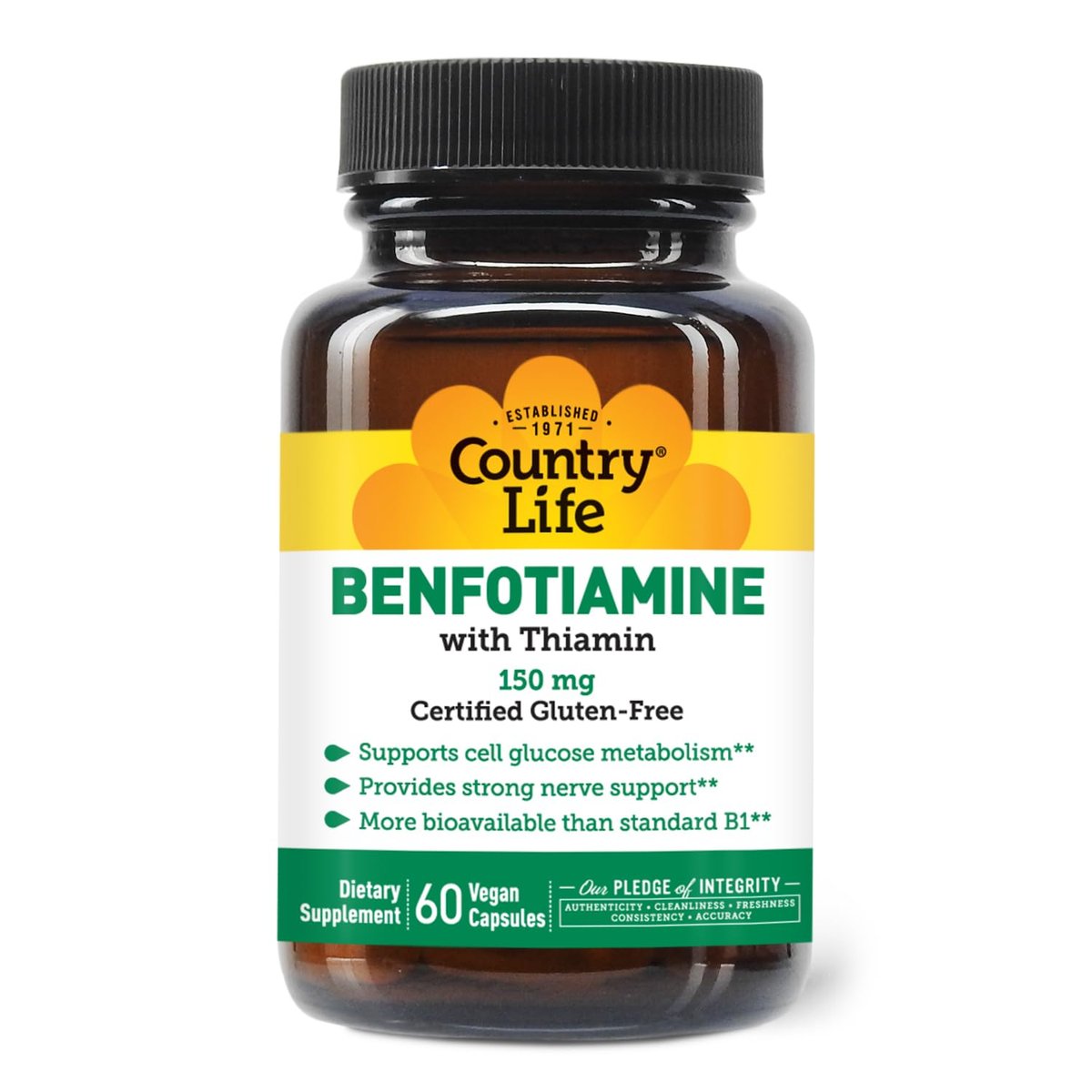 Country Life Benfotiamin mit Thiamin, Nervengesundheit Unterstützung, 150 mg, 60 vegane Kapseln, zertifiziert glutenfrei, zertifiziert vegan