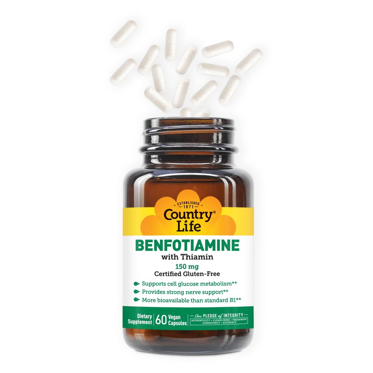 Country Life Benfotiamin mit Thiamin, Nervengesundheit Unterstützung, 150 mg, 60 vegane Kapseln, zertifiziert glutenfrei, zertifiziert vegan