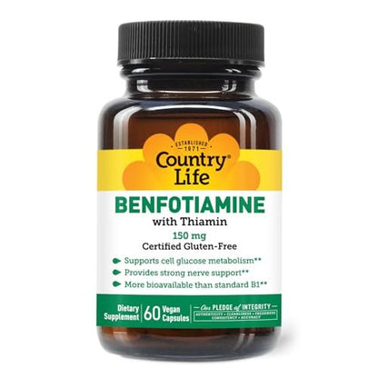 Country Life Benfotiamin mit Thiamin, Nervengesundheit Unterstützung, 150 mg, 60 vegane Kapseln, zertifiziert glutenfrei, zertifiziert vegan