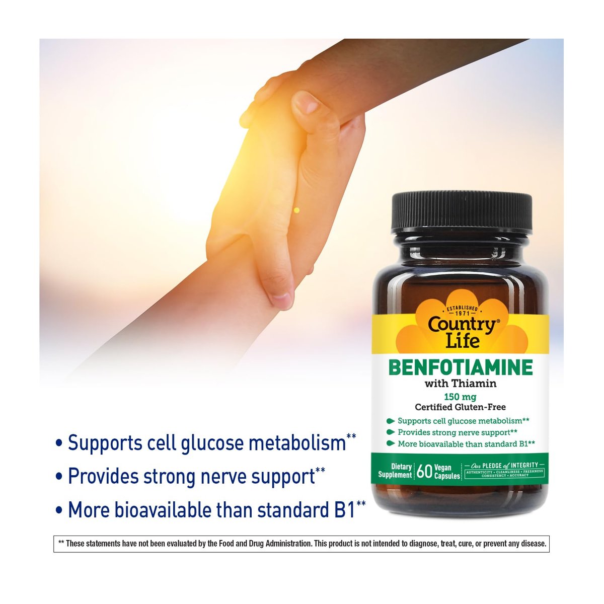 Country Life Benfotiamin mit Thiamin, Nervengesundheit Unterstützung, 150 mg, 60 vegane Kapseln, zertifiziert glutenfrei, zertifiziert vegan