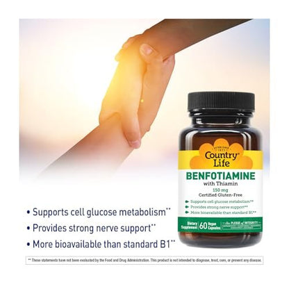 Country Life Benfotiamin mit Thiamin, Nervengesundheit Unterstützung, 150 mg, 60 vegane Kapseln, zertifiziert glutenfrei, zertifiziert vegan