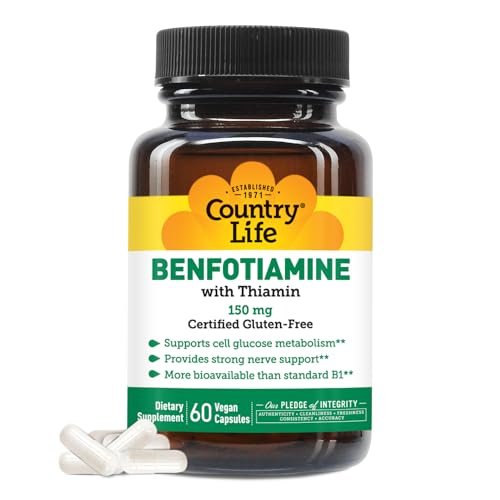 Country Life Benfotiamin mit Thiamin, Nervengesundheit Unterstützung, 150 mg, 60 vegane Kapseln, zertifiziert glutenfrei, zertifiziert vegan