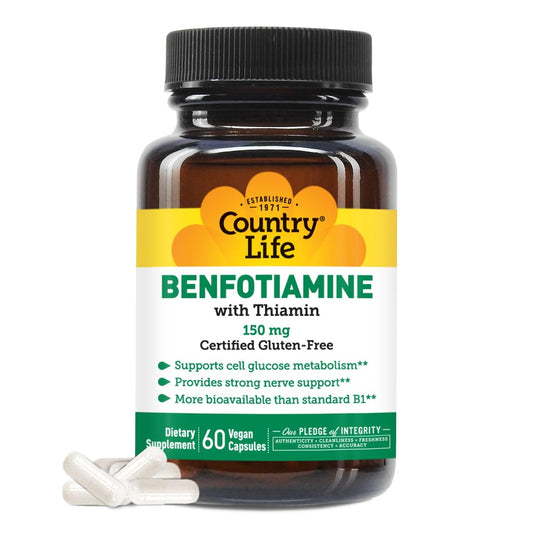 Country Life Benfotiamin mit Thiamin, Nervengesundheit Unterstützung, 150 mg, 60 vegane Kapseln, zertifiziert glutenfrei, zertifiziert vegan