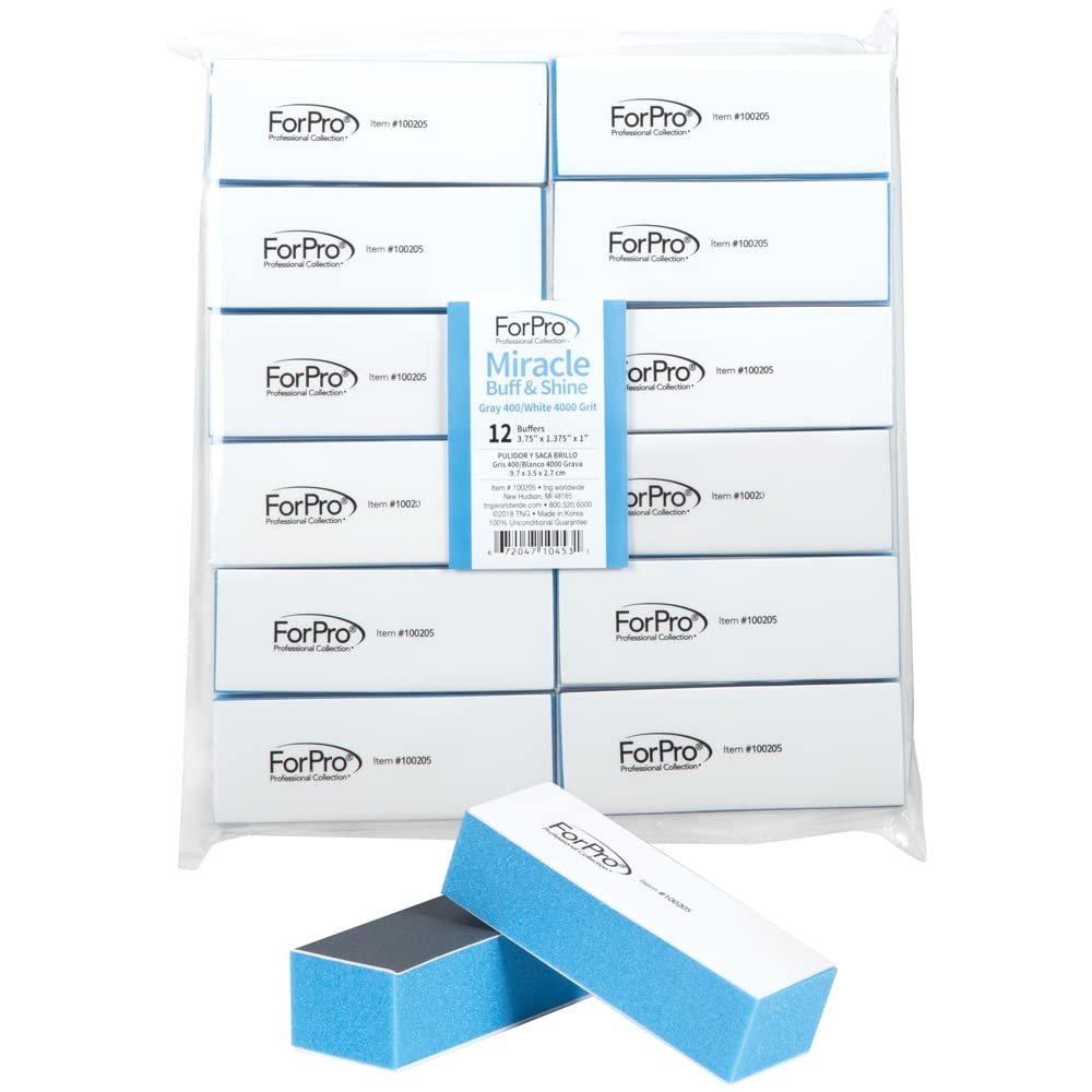 ForPro Professional Collection Miracle Buff & Shine – 12 Doppelseitige Nagel- und Pediküre-Feilen (Grau 400/Weiß 4000er Körnung)