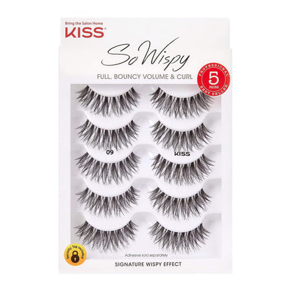 KISS So Wispy Fake Wimpern Multipack #09 – Leichte, wiederverwendbare Wimpern aus Echthaar, 5 Paar, Schwarz