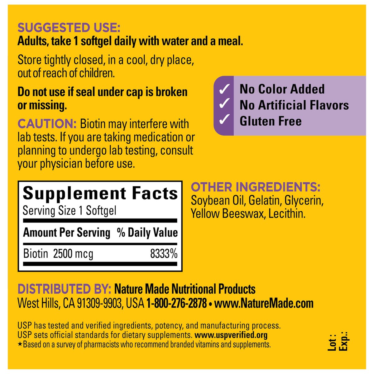 Nature Made Biotin 2500 mcg Extra Strength – Biotin für gesunde Haare, Haut und Nägel, 150 Weichkapseln, 150-Tage-Versorgung