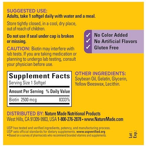Nature Made Biotin 2500 mcg Extra Strength – Biotin für gesunde Haare, Haut und Nägel, 150 Weichkapseln, 150-Tage-Versorgung