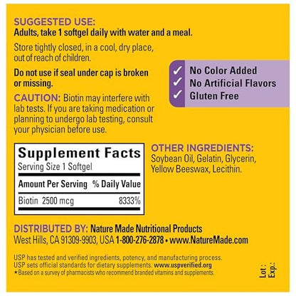 Nature Made Biotin 2500 mcg Extra Strength – Biotin für gesunde Haare, Haut und Nägel, 150 Weichkapseln, 150-Tage-Versorgung