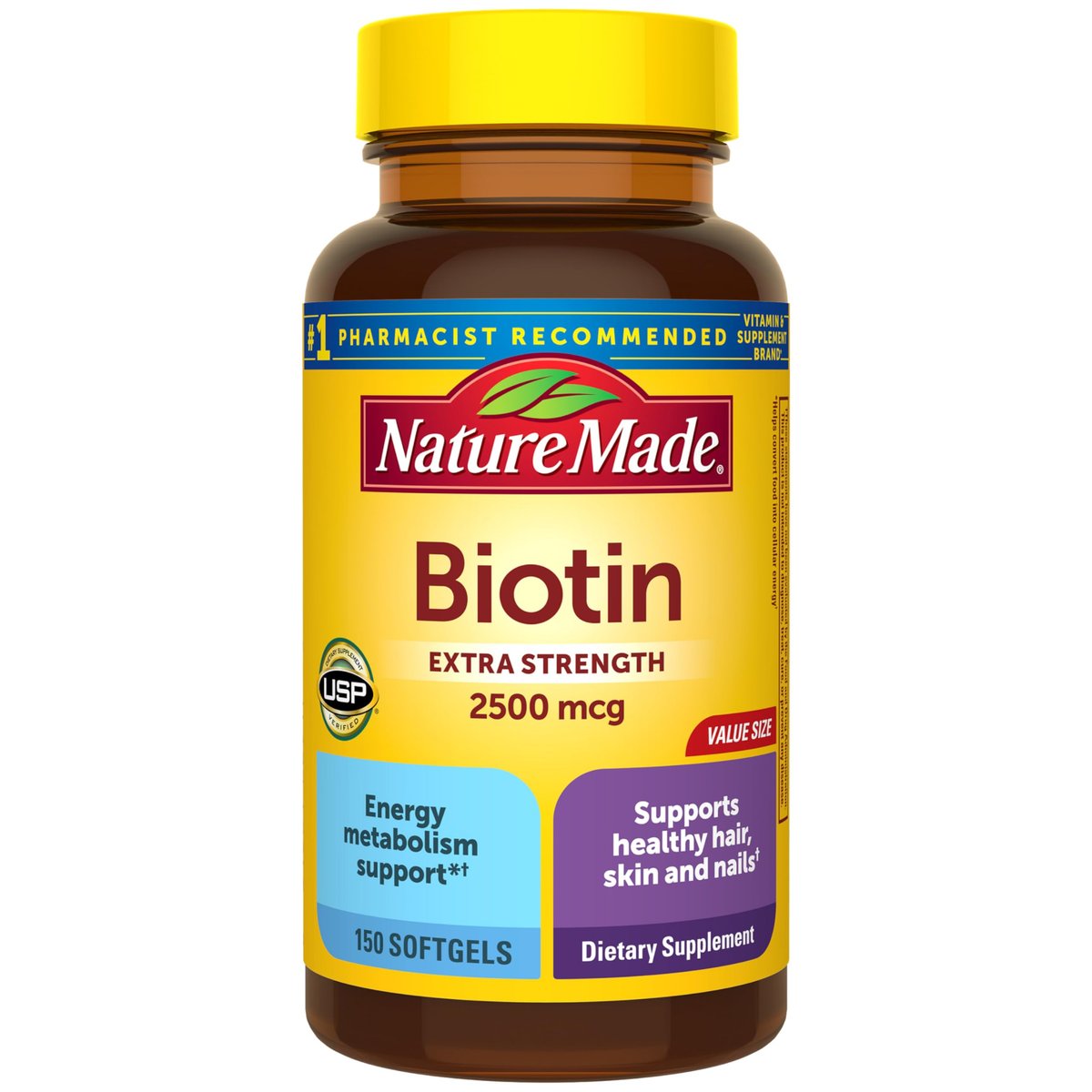 Nature Made Biotin 2500 mcg Extra Strength – Biotin für gesunde Haare, Haut und Nägel, 150 Weichkapseln, 150-Tage-Versorgung