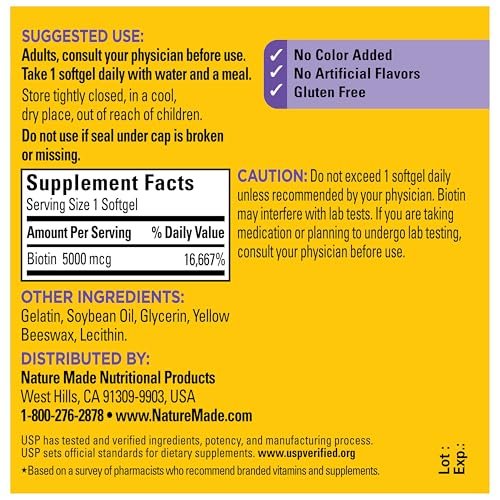Nature Made Maximum Strength Biotin 5000 mcg Weichkapseln – Biotin für Haare, Haut und Nägel, Nahrungsergänzungsmittel, 120 Stück
