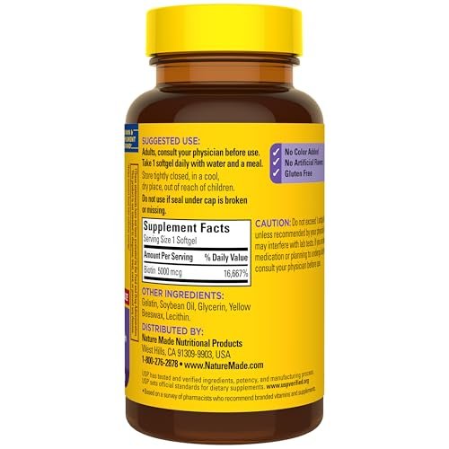 Nature Made Maximum Strength Biotin 5000 mcg Weichkapseln – Biotin für Haare, Haut und Nägel, Nahrungsergänzungsmittel, 120 Stück