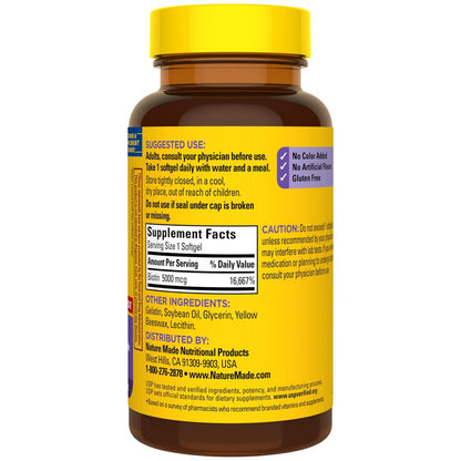 Nature Made Maximum Strength Biotin 5000 mcg Weichkapseln – Biotin für Haare, Haut und Nägel, Nahrungsergänzungsmittel, 120 Stück