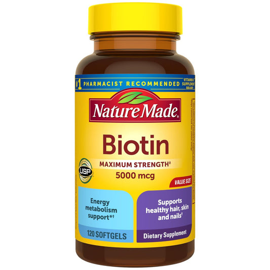 Nature Made Maximum Strength Biotin 5000 mcg Weichkapseln – Biotin für Haare, Haut und Nägel, Nahrungsergänzungsmittel, 120 Stück