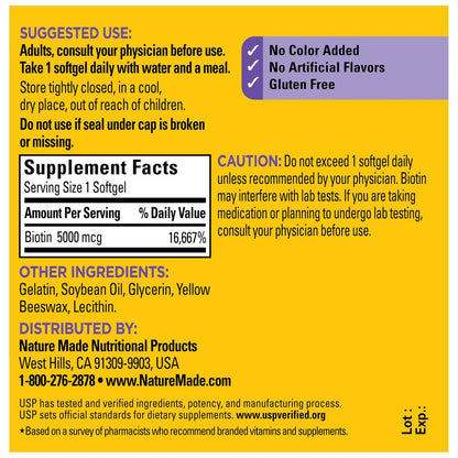 Nature Made Maximum Strength Biotin 5000 mcg Weichkapseln – Biotin für Haare, Haut und Nägel, Nahrungsergänzungsmittel, 120 Stück