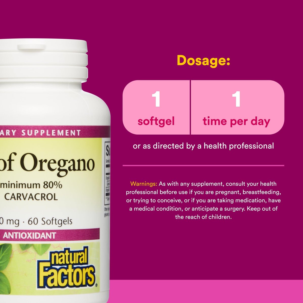 Natural Factors Oreganoöl – Unterstützt ein gesundes Immunsystem – Kräuterergänzung mit Olivenöl & Vitamin E – Antioxidantien Unterstützung – 60 Weichkapseln