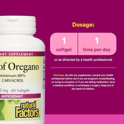 Natural Factors Oreganoöl – Unterstützt ein gesundes Immunsystem – Kräuterergänzung mit Olivenöl & Vitamin E – Antioxidantien Unterstützung – 60 Weichkapseln