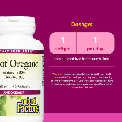 Natural Factors Oregano-Öl 180 mg – Hochwertiges Nahrungsergänzungsmittel mit extra natives Olivenöl, 30 Softgels