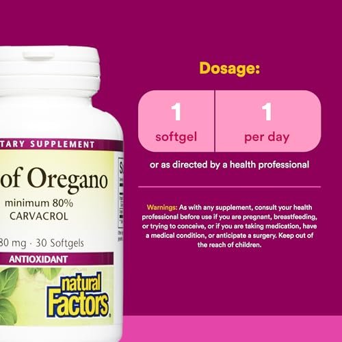 Natural Factors Oregano-Öl 180 mg – Hochwertiges Nahrungsergänzungsmittel mit extra natives Olivenöl, 30 Softgels