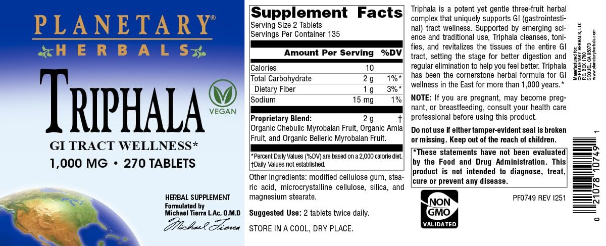 Planetary Herbals Triphala 1000 mg – 270 Tabletten – Ayurvedische Kräutermischung für Verdauung und Reinigung