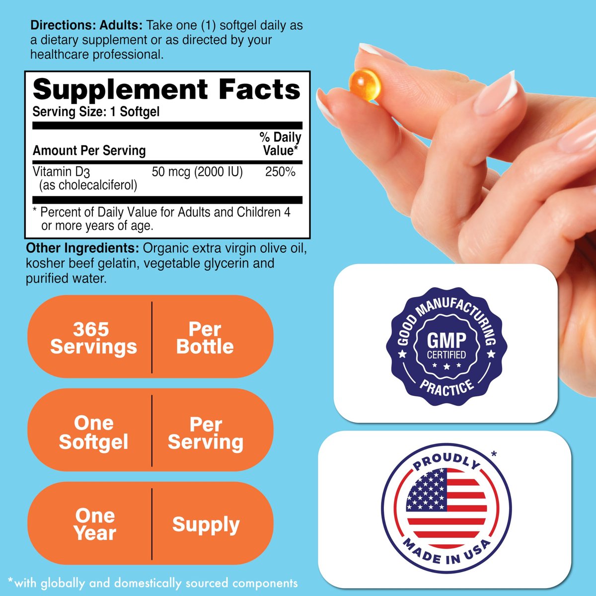 Health Thru Nutrition Vitamin D3 2000 IE 365 Mini Softgels | Jahresvorrat | 50 mcg Cholecalciferol | 3rd Party getestet | Non-GMO USP-Qualität in Olivenöl | Immunsystem-Unterstützung