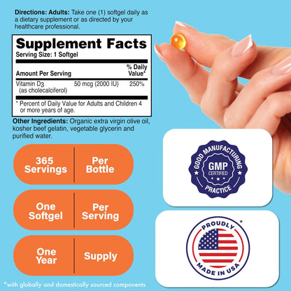 Health Thru Nutrition Vitamin D3 2000 IE 365 Mini Softgels | Jahresvorrat | 50 mcg Cholecalciferol | 3rd Party getestet | Non-GMO USP-Qualität in Olivenöl | Immunsystem-Unterstützung