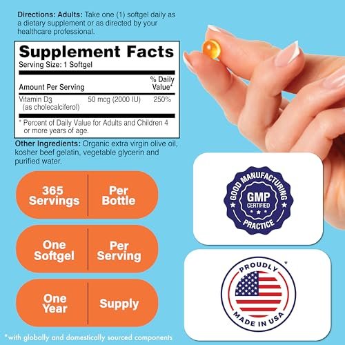 Health Thru Nutrition Vitamin D3 2000 IE 365 Mini Softgels | Jahresvorrat | 50 mcg Cholecalciferol | 3rd Party getestet | Non-GMO USP-Qualität in Olivenöl | Immunsystem-Unterstützung