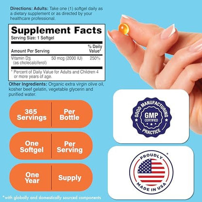 Health Thru Nutrition Vitamin D3 2000 IE 365 Mini Softgels | Jahresvorrat | 50 mcg Cholecalciferol | 3rd Party getestet | Non-GMO USP-Qualität in Olivenöl | Immunsystem-Unterstützung