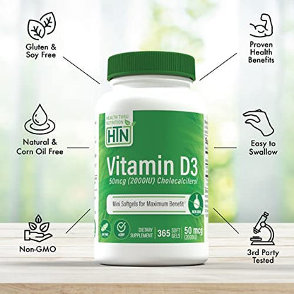 Health Thru Nutrition Vitamin D3 2000 IE 365 Mini Softgels | Jahresvorrat | 50 mcg Cholecalciferol | 3rd Party getestet | Non-GMO USP-Qualität in Olivenöl | Immunsystem-Unterstützung