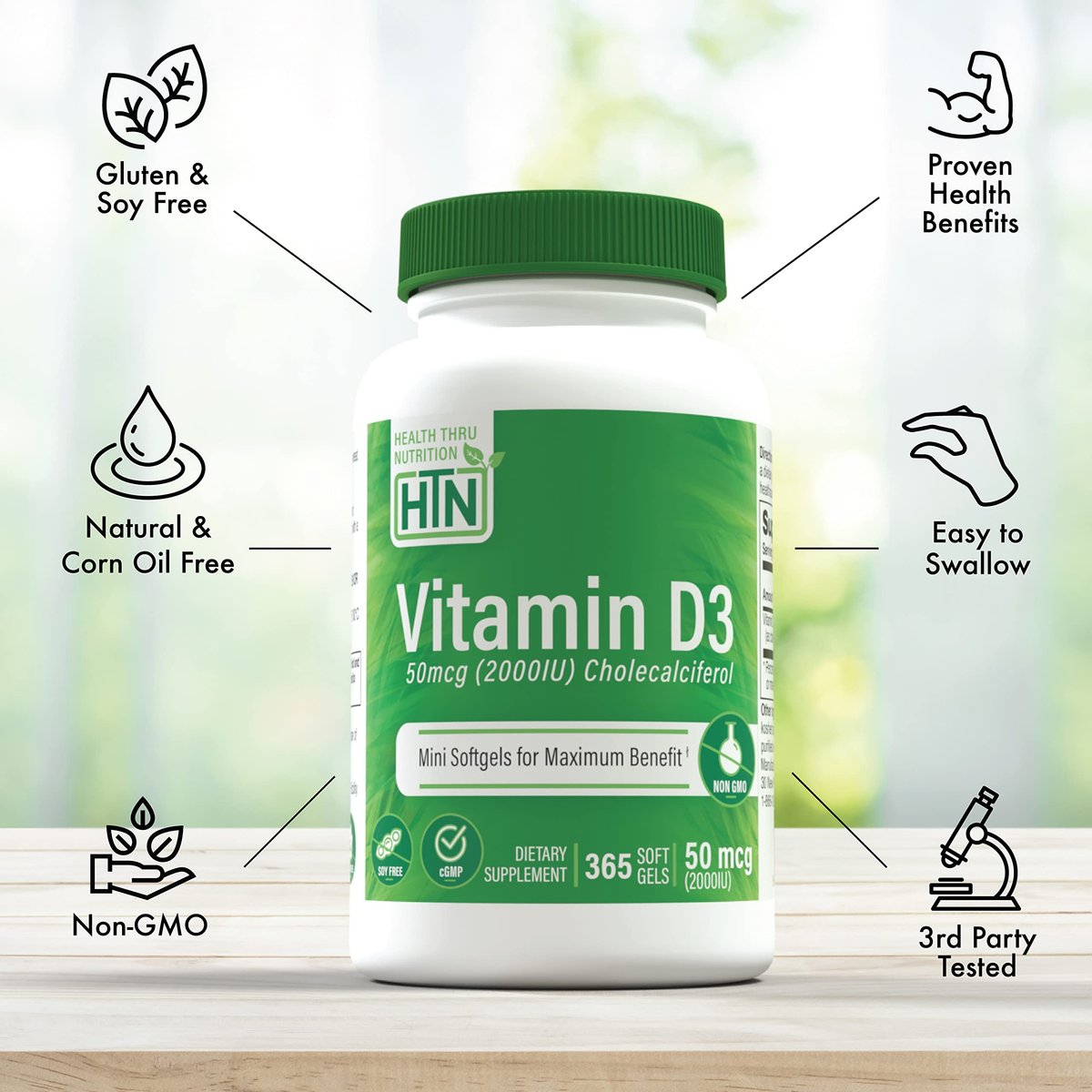 Health Thru Nutrition Vitamin D3 2000 IE 365 Mini Softgels | Jahresvorrat | 50 mcg Cholecalciferol | 3rd Party getestet | Non-GMO USP-Qualität in Olivenöl | Immunsystem-Unterstützung