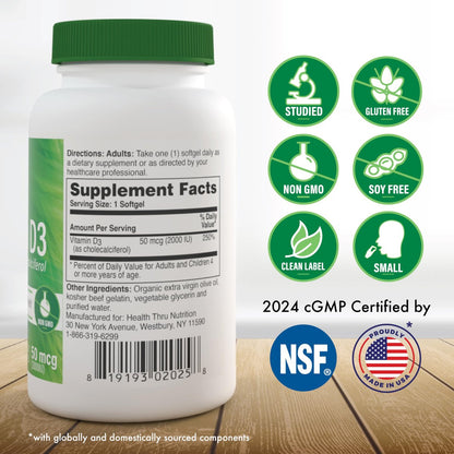 Health Thru Nutrition Vitamin D3 2000 IE 365 Mini Softgels | Jahresvorrat | 50 mcg Cholecalciferol | 3rd Party getestet | Non-GMO USP-Qualität in Olivenöl | Immunsystem-Unterstützung