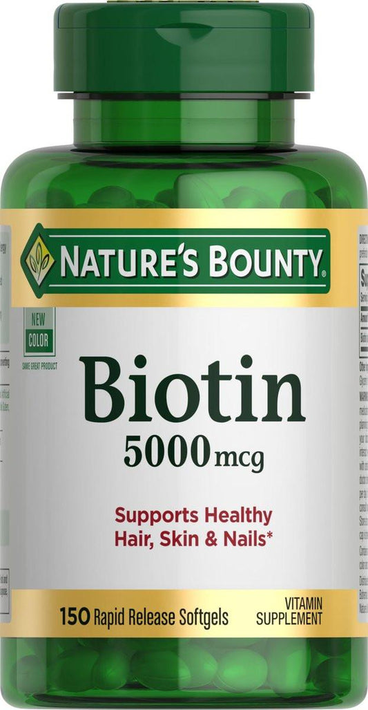 Nature's Bounty Biotin 5000 mcg – 150 Softgels für gesundes Haar, Haut und Nägel